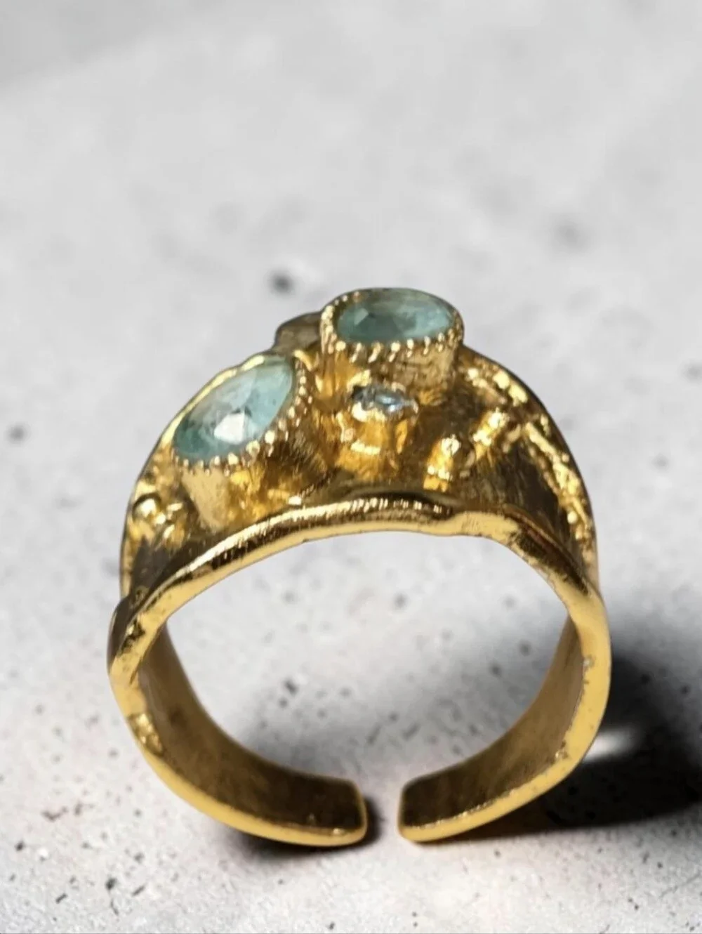 24k Gold Plated Artisan Aquamarine Crystal Byzantine Wide Band Ring